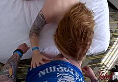 Tattooed red head rides and sucks off