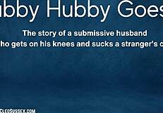 In a threesome, a submissive husband performs oral sex on his partner