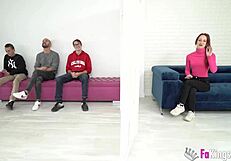 Blind date, girl bends over and gives both the boys a blowjob