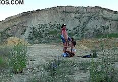 Gay bareback outdoor gay public sex with a standing cowboy