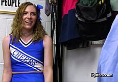 Teen cheerleader receives a blowjob at workplace: reality video