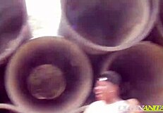 This black lovely lady is having sex in the woods and receives a facial on her tits