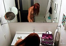 Cougar woman is excited to share a room with a redheaded wife and end up getting her breasts sucked and pussy drilled