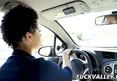 Amethyst Banks extracts a blowjob from her driving instructor before she is tossed on the back seat