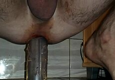 Gay solo is using extreme dildo for Prostate massage for deep anal sex