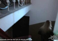 Becky Berry and Tasha perform oral sex in a stairwell after smoking