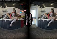 Steamy_clown takes her lovely young lady Angel Kriss to have fun with toys in the kitchen in virtual reality