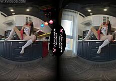 Steamy_clown takes her lovely young lady Angel Kriss to have fun with toys in the kitchen in virtual reality