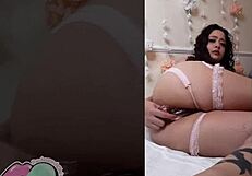 Wet and wild: Sweetie gap between slender legs shakes a dildo