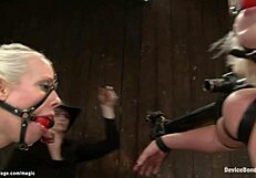The BDSM slave has deepthroated and is bondaged by two dominating females