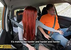 A blond British woman with a shaved head, pierced breasts enjoys car sex