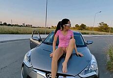 Car sex with enthusiasms like big cock and small tits on the hood