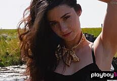 Alexandra, the stunning model, poses for raunchy outdoor full-frontal nude photos: she has real breasts