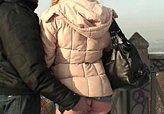 Euro teenage with small breasts having fun with outdoor sex