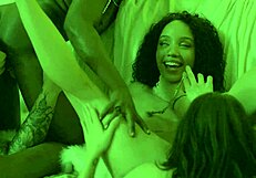 Black and ebony chicks fuck in different positions during a slumber party