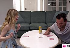 Blonde stepsister teases stepbro with shaved pussy flash