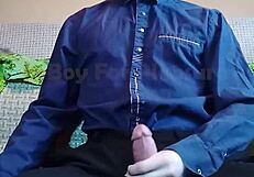 Teenage boy wanking alone ejaculates on his clothes