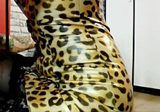 A male dominated individual wearing tight black latex outfit is seen dancing temptingly before his actual mistress Nika as a part of his FG konkrétungsersachen