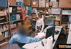 A particular thief who is slim built with red haired is disciplined by an officer in the office