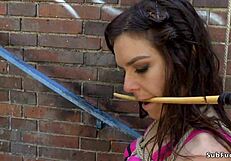 Outdoor domination of a European woman with small bust and spanking pleasant altitude