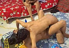Three perverted men make a threesome with two beautiful women and a man with a big dick