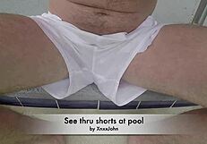 See the pool boy's swim session in transparent attire