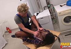 Fakehub handyman shocked, then gets sloppy blowjob from horny British ebony babe