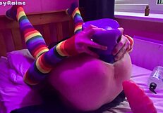 Skinny femboy Raine tests all her limits with massive toys
