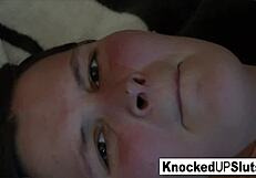 A pregnant brunette lets him have an ejaculation on her stomach while having sex