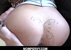 Blonde stepmother with great big tits fucked in doggystyle on the couch laying in the living room