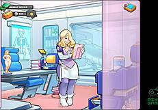 A big tits large cock blonde in Cartoon hospital fantasy with a space rescue theme