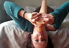 MILF with a green/red hair takes on the deep throat challenge with dildo gag