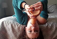 MILF with a green/red hair takes on the deep throat challenge with dildo gag