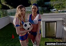 Three athletic soccer beauties satisfy a lucky man’s giant penis in real life forced XXX orgy