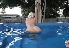 Nina kayy masturbates in her backyard pool