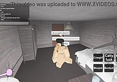 Vivid sexual scene where a couple urgently in action search for a nice room in a virtual Roblox apartment