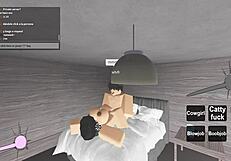 Vivid sexual scene where a couple urgently in action search for a nice room in a virtual Roblox apartment