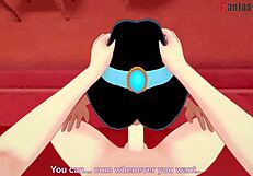 Arabian girl with short hair performs a cute blowjob seen in cartoons like point of view