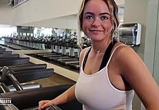 Gorgeous Alexis has a very big natural tits which she was sweating to workout and take a sex session in the gym
