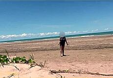 Amazing woman strips off her clothes and some balls at the shore