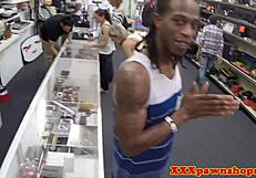 Ebony Babe Strips Hard for Pawnbroker in Wild Reality Hidden Cam Scene.