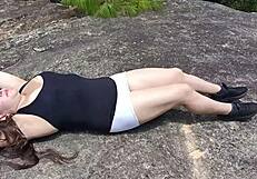 Spanish beauty strips in the woods and pleasure her men