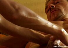 Handjob and sensual massage for a large breasted man