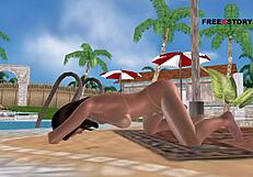 Adorable and perky adult blonde woman putting on some clothes and watching cartoonish animated 3D sex toying and finger banging