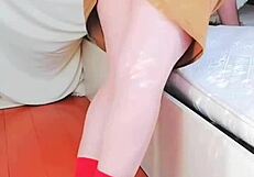 Sissy in pink shirt and black skirt, a cute and sexy shemale.