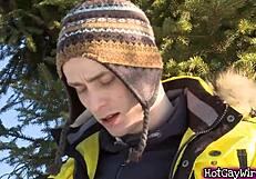 Two young gay men having sex outdoors in this porn video.