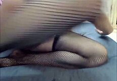 Shemale with big tits fucks herself using a banana in horny solo