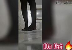 Bia is a hot girl who shows her small boobs and gives a footjob.