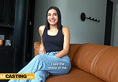 Young Latina gets a deepthroat blowjob from a white man during a fake interview.