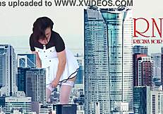 Tall woman roams the city without panties on